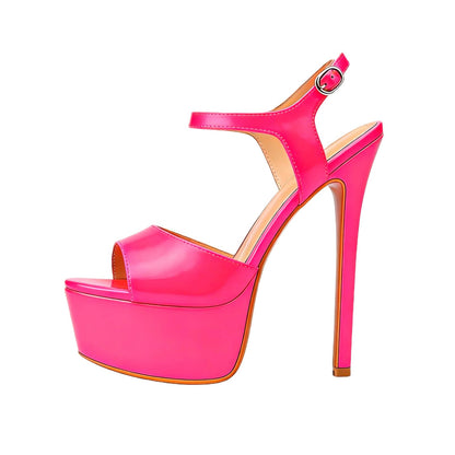 Plateau Sandalen Stiletto High Heels Damenschuhe mit Verstellbarem Knöchelriemen Sexy Sandaletten Kunstleder Fuchsia 41 EU