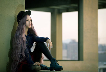Fouriding 100cm Damen Taro+Braun Kunsthaar Lange Perücke Langhaarperücke Long Curly Wig Langhaar Lockige Perücken für Karneval Cosplay Party Fasching Kostüm Anime Haarteile