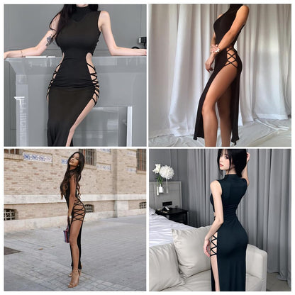 Rave Outfit Damen,Hochgeschlitztes Bodycon Kleid,Rave Outfit Damen,EDM Festival Rave Outfit,Techno Festival Outfit,Festival Sexy (L)