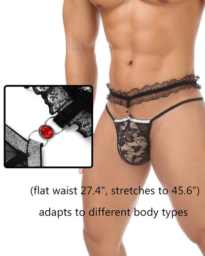 Herren-Stringtanga mit Spitze, Rüschen, Tanga, femininer G-String, Unterwäsche für Herren, sexy Dessous, Schwarz, Einheitsgröße