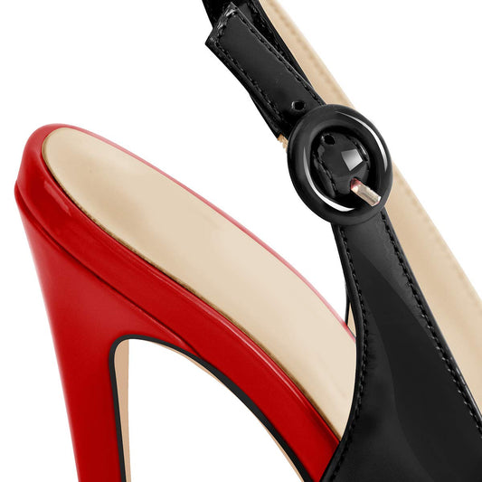 Damen Sandaletten Stiletto High Heels -offene Zehen Slingback Sandaletten mit Riemchen Schnalle Lack Zweifarbig Schwarz Rot 41 EU
