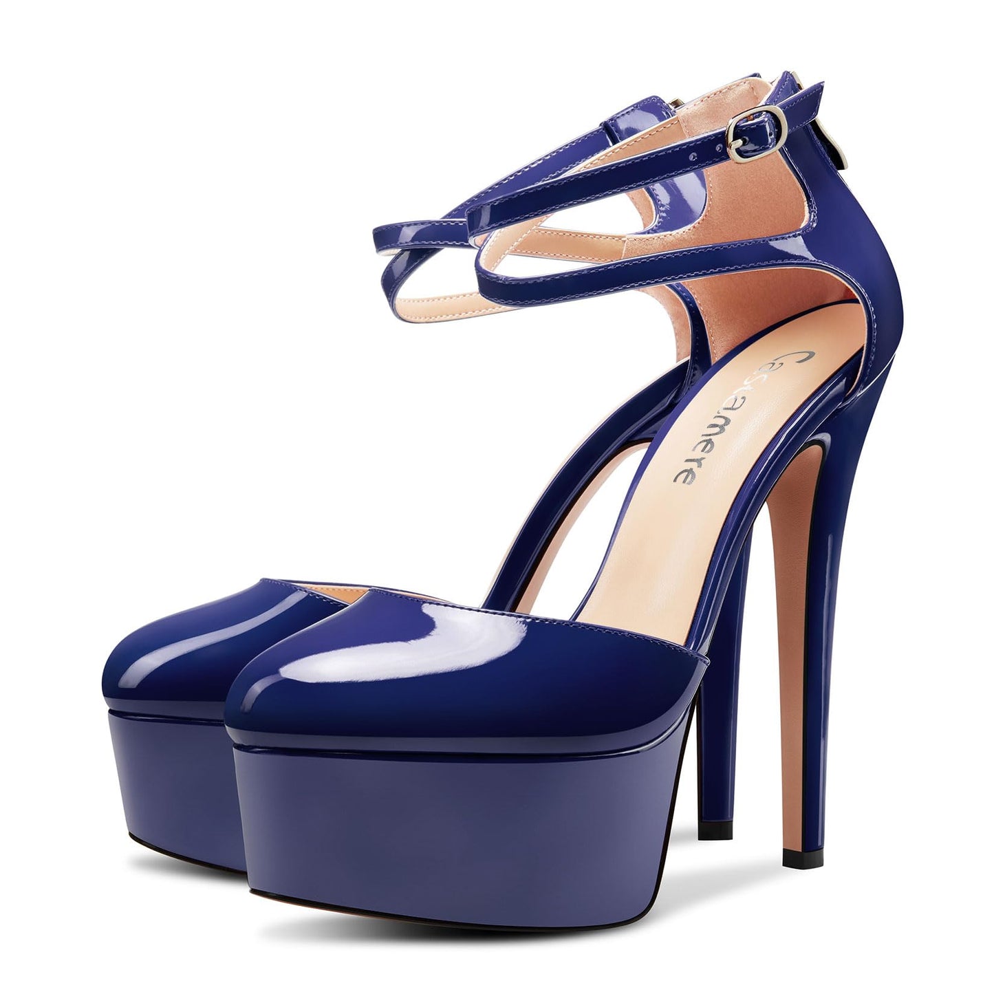 Damen Stiletto Hoher High Plateau Plattform Absatz Heel Runde Zehenkappe Knöchelriemen Pumps Hochzeit Abschlussball Dress 15 cm Heels Marineblau 42 EU