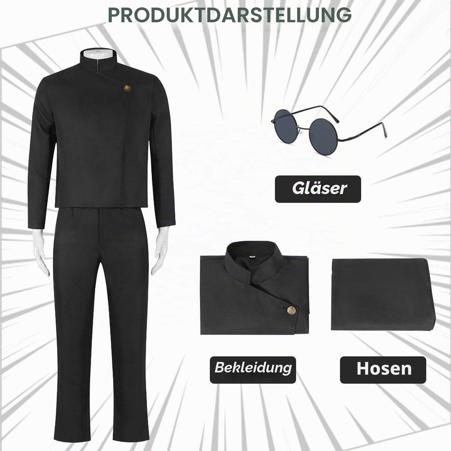 Satoru Gojo Cosplay, Schwarz Anime Cosplay Kostüm, Gojo Satoru Schuluniform Jacke mit Brille, Anime Outfits  Halloween Karneval