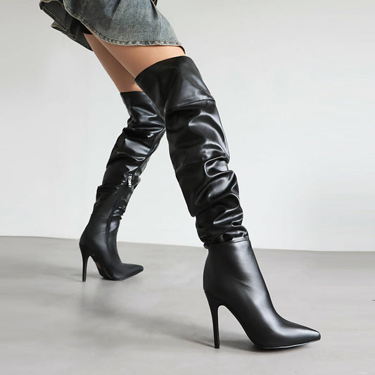Schwarz Over The Knee Oberschenkel hohe Stiefel für Frauen Sexy Pointed Toe Side Zipper Leder Stiefel (schwarz,37)