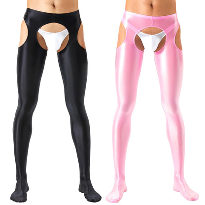 Mantuhose - Glänzende Herren Strumpfhosen Crotchless Tights Pants Sissy Unterwäsche Crotchless Sheer Leggings (Schwarz+Rosa, M)