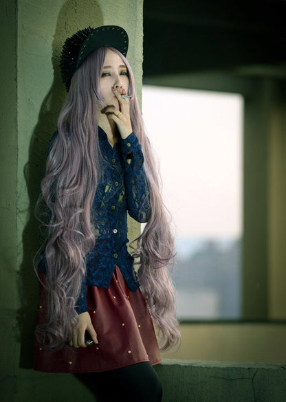 Fouriding 100cm Damen Taro+Braun Kunsthaar Lange Perücke Langhaarperücke Long Curly Wig Langhaar Lockige Perücken für Karneval Cosplay Party Fasching Kostüm Anime Haarteile