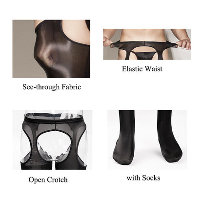 Mantuhose - Glänzende Herren Strumpfhosen Crotchless Tights Pants Sissy Unterwäsche Crotchless Sheer Leggings (Schwarz+Rosa, M)