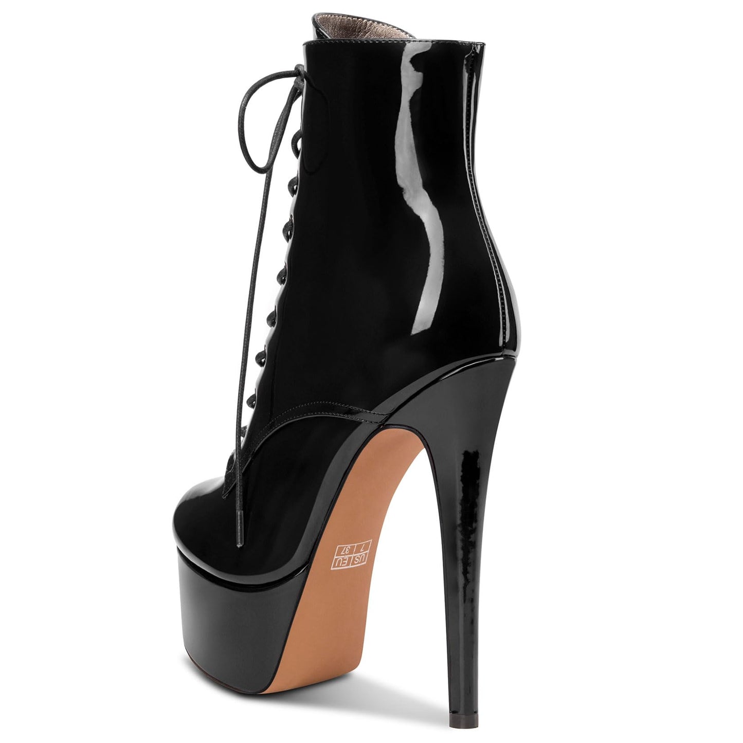 Damen Stiletto Hoher High Plateau Plattform Absatz Heel Runde Zehenkappe Schnüren Schnürung Reißverschluss Dress Klassisch Stiefeletten Schwarz Lackleder 42 EU