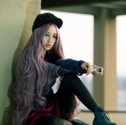 Fouriding 100cm Damen Taro+Braun Kunsthaar Lange Perücke Langhaarperücke Long Curly Wig Langhaar Lockige Perücken für Karneval Cosplay Party Fasching Kostüm Anime Haarteile