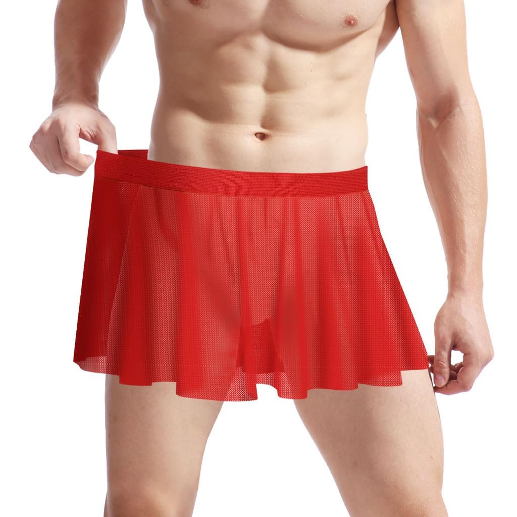 GENEMEN Herren Mesh Sissy Röcke Sexy See Through Crossdressers Unterwäsche Nachtclub Party Cosplay Kostüm (Schwarz+Rot+Weiß)