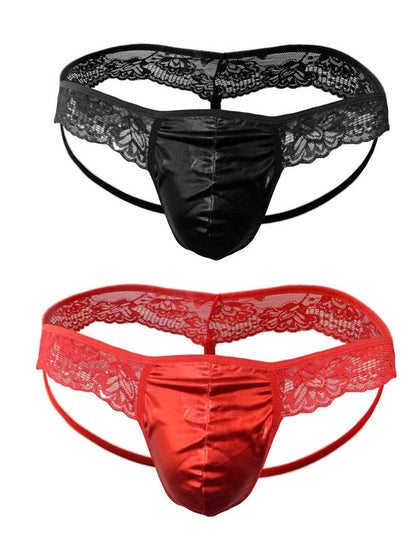 Herren Pouch Lace Rüschen Sissy Tanga Höschen Bikinihose T-Back Tangas G-String Unterwäsche (One Size, 2-teiliges Set)