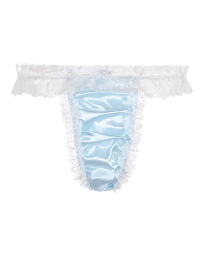 Satini Satin Gerüschte Spitze Sissy Tanga Tanga Boy-Shorts Slips Höschen Unterwäsche (Baby blau - Weiß, L)