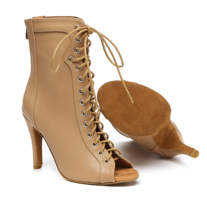 Damen Latin Ballsaal Tanzen Schuhe Schnursenkel Offene Party Formal Sandalen Stiefel C006 Khaki 9.8cm Absatz EU 39