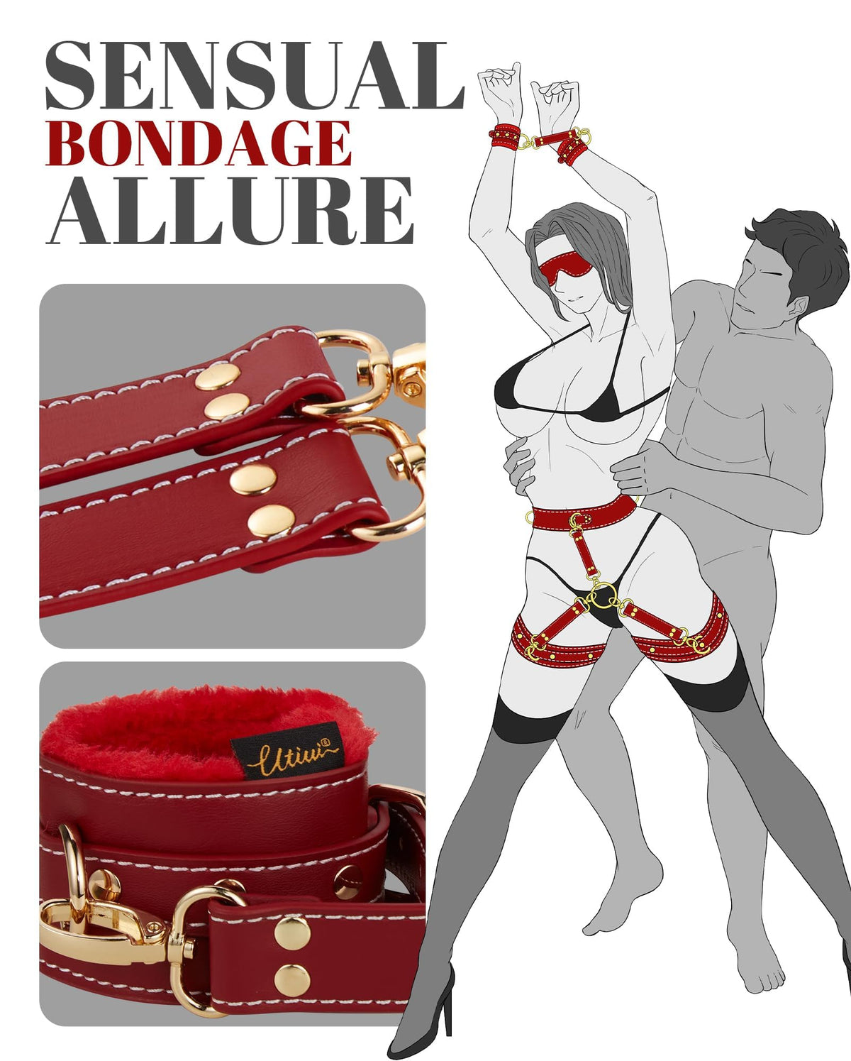 Sex Bondage BDSM Kit Fesseln 6PCS Sets mit Verstellbaren Handschellen Fußfessel Oberschenkelmanschetten Augenbinde Kreuzgurt Taillengurt SM Erwachsene Sexspielzeug für Männer Frauen und Paare