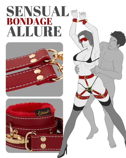 Sex Bondage BDSM Kit Fesseln 6PCS Sets mit Verstellbaren Handschellen Fußfessel Oberschenkelmanschetten Augenbinde Kreuzgurt Taillengurt SM Erwachsene Sexspielzeug für Männer Frauen und Paare