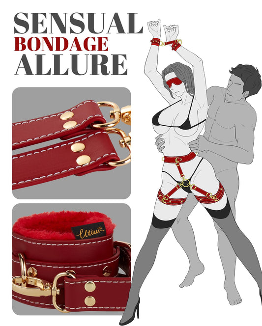 Sex Bondage BDSM Kit Fesseln 6PCS Sets mit Verstellbaren Handschellen Fußfessel Oberschenkelmanschetten Augenbinde Kreuzgurt Taillengurt SM Erwachsene Sexspielzeug für Männer Frauen und Paare
