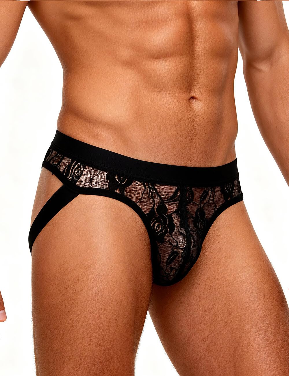 Jockstrap Männer  - Gay Unterwäsche Herren - Sexy Hinten Offen Spitze - Sissy Dessous - Schwarz