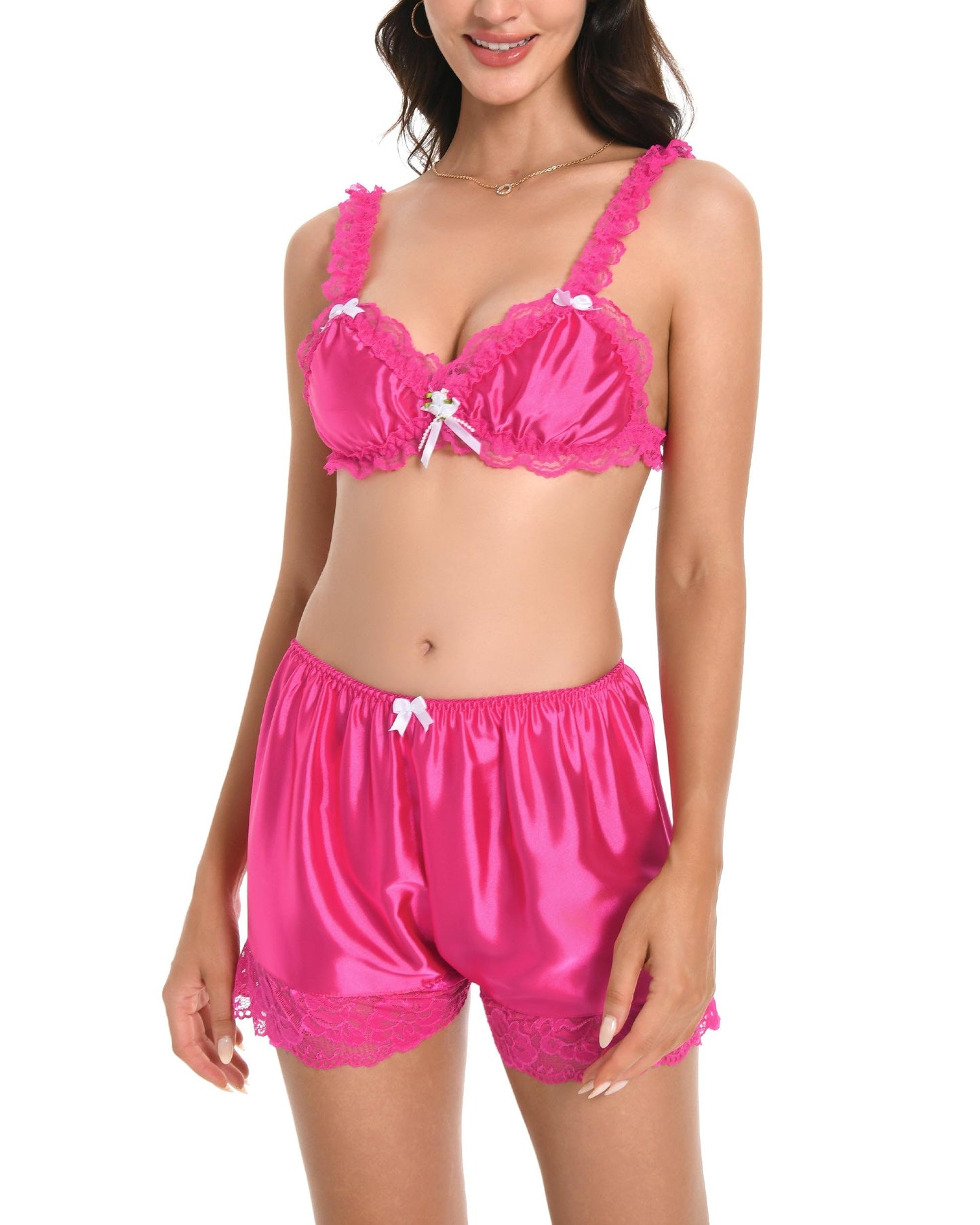 Satini Sissy Rüschen Spitze Tailliert Satin Bralette BH (Leuchtendes Pink, L)