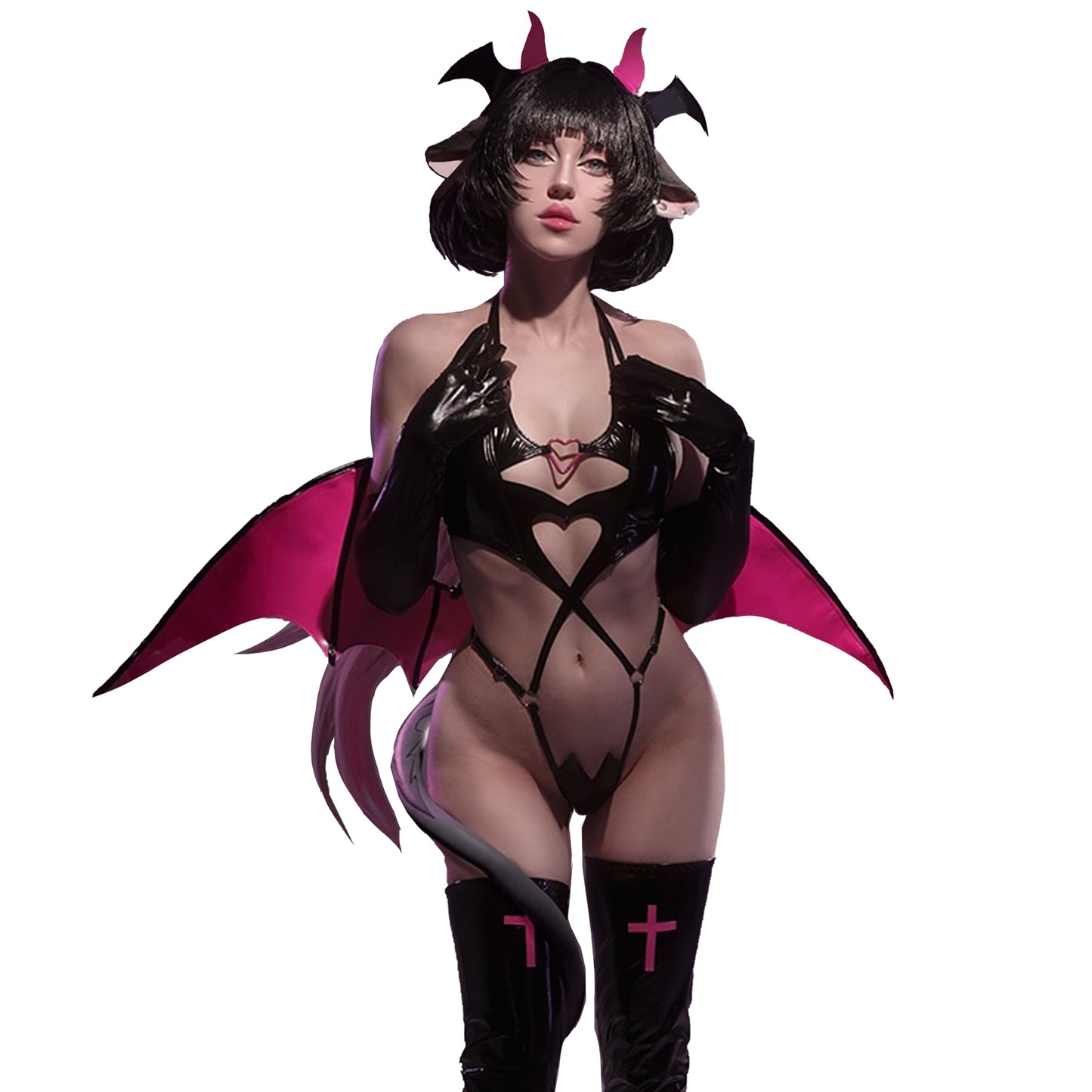 Succubus-Kostüm (6-teiliges Set) Schwarze Premium PU Cosplay Dessous für Frauen Red Wing Devil Dessous(Schwarze, L)