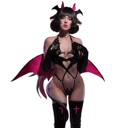 Succubus-Kostüm (6-teiliges Set) Schwarze Premium PU Cosplay Dessous für Frauen Red Wing Devil Dessous(Schwarze, L)