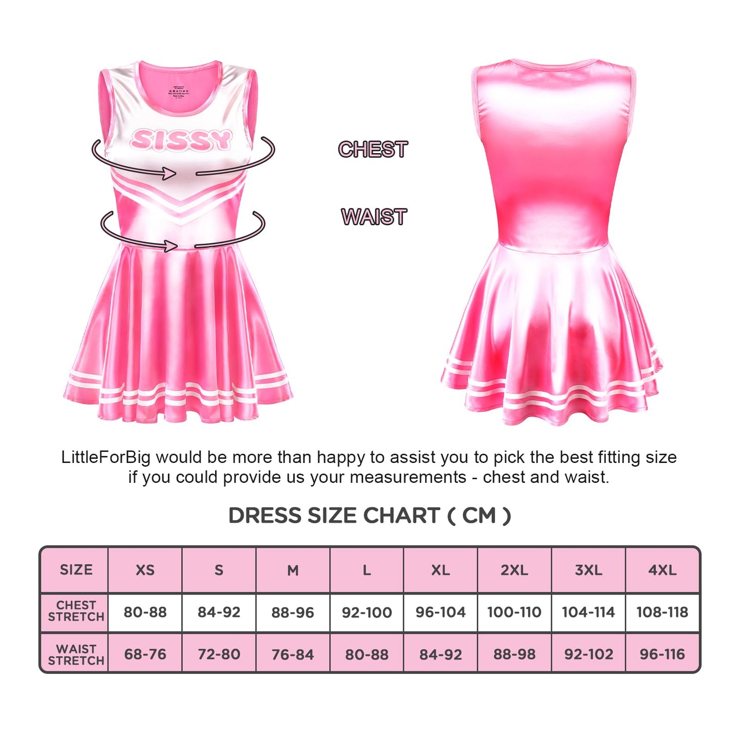 LittleForBig Unisex Seidiger Ärmelloser Overall Glänzender Satin Cheer Sissy Bodycon Mini Kleid Rock Hot Pink XL