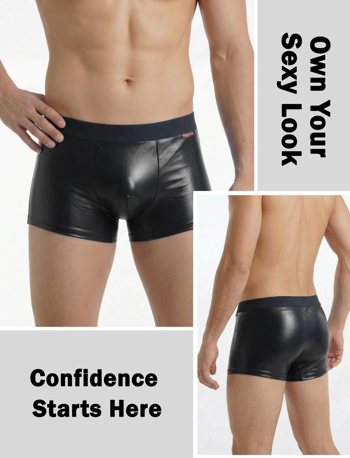 Herren PU-Leder Unterwäsche Reizwäsche Boxer Brief Shorts, Unterwäsche Trunks Bikini Mid-Rise Schwarz L