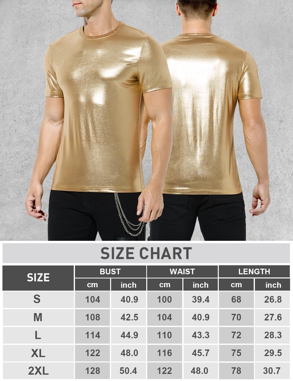 Herren Metallic Glänzend Shirt Nachtclub T-Shirts Clubwear, L