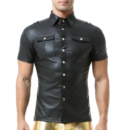 Herren Kunstleder Hemd mit 2 Taschen Button Down Halsausschnitt Kurzarm Weste für die Arbeit Business Casual