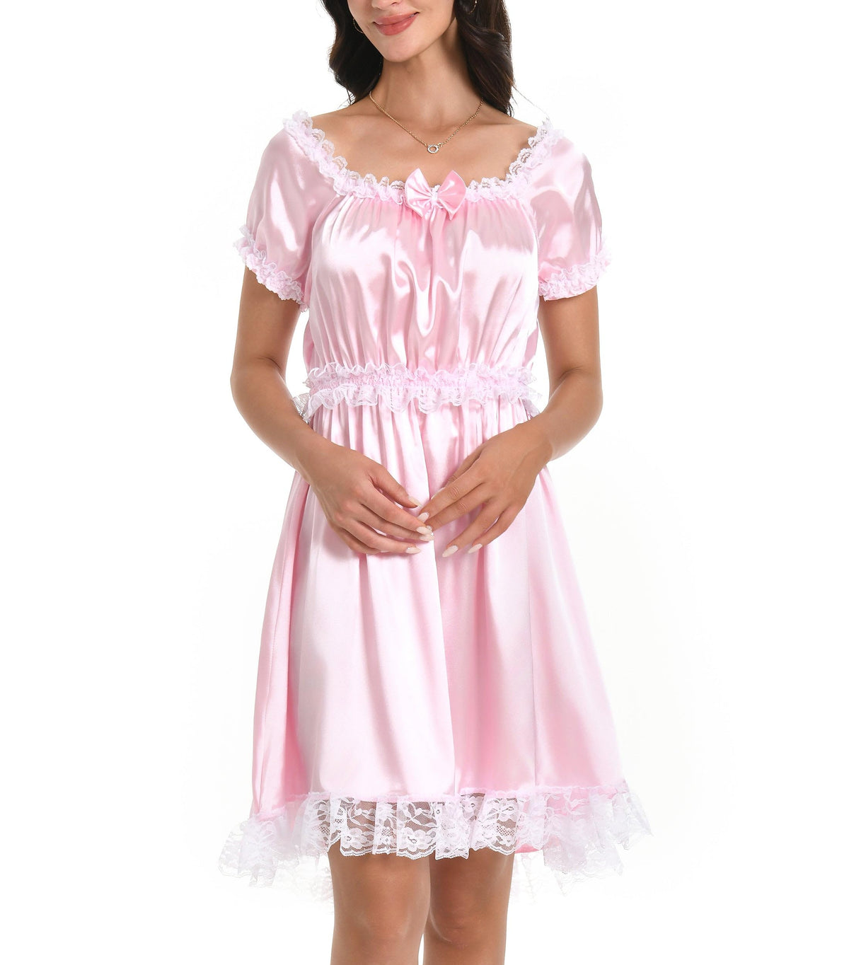 Satini Sissy Satin Nachthemd Maid Spitze Rüschen Dessous, Zartrosa, S
