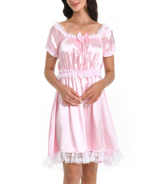 Satini Sissy Satin Nachthemd Maid Spitze Rüschen Dessous, Zartrosa, S