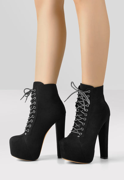 Damen Schnürstiefeletten Plateau Blockabsatz Ankle Boots Lace up Warm Gefüttert Flanell Schwarz 46 EU