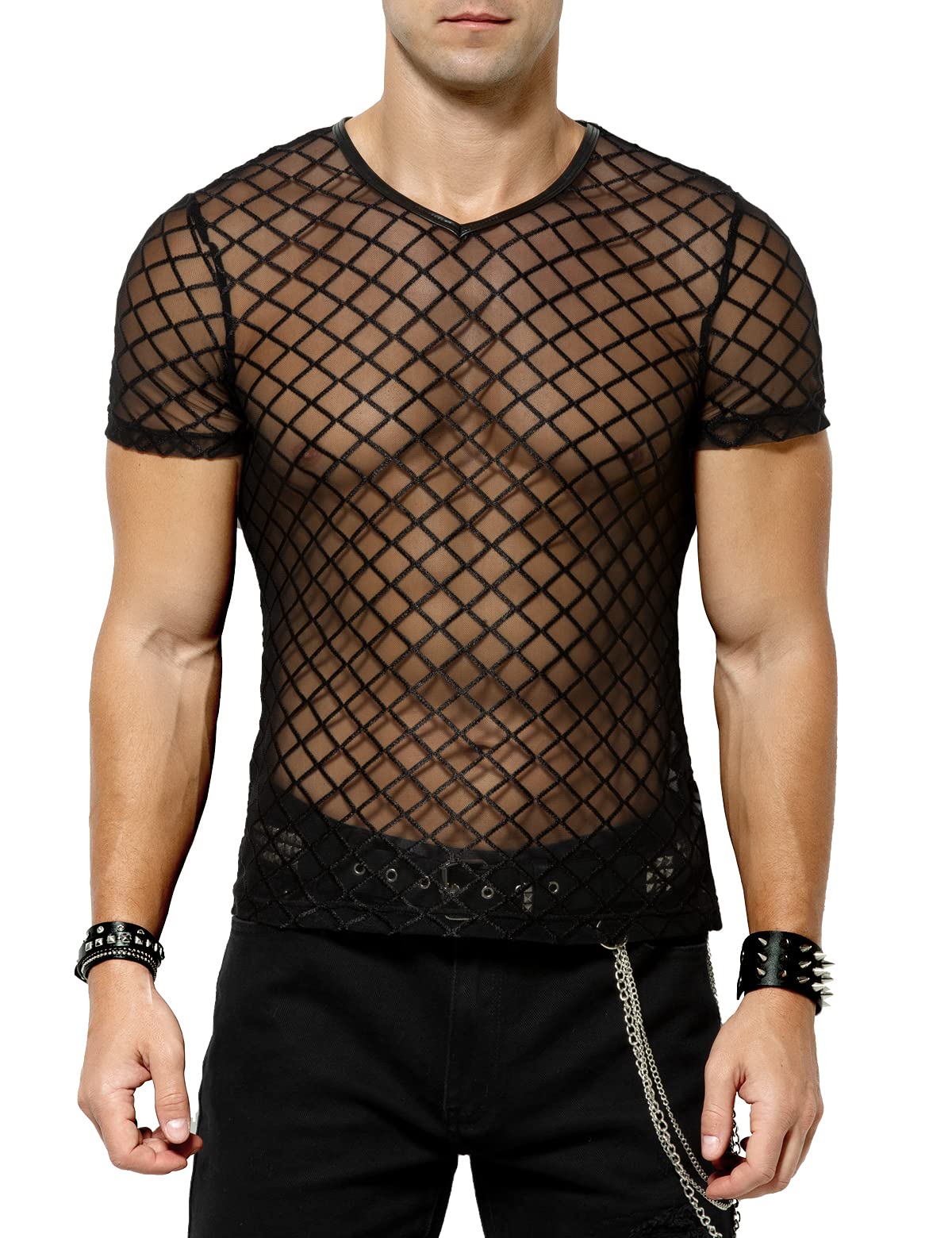 Herren Muskel Transparent Kurzarm Shirts Netz Hemd