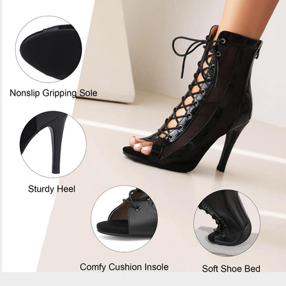 Damen Dance Heels Gladiator Sandalen Peep Toe Schnüren Zipper Burju Dance Class Schuhe Gemütlich Dress Sandalen Stiletto Lack Black Size 38