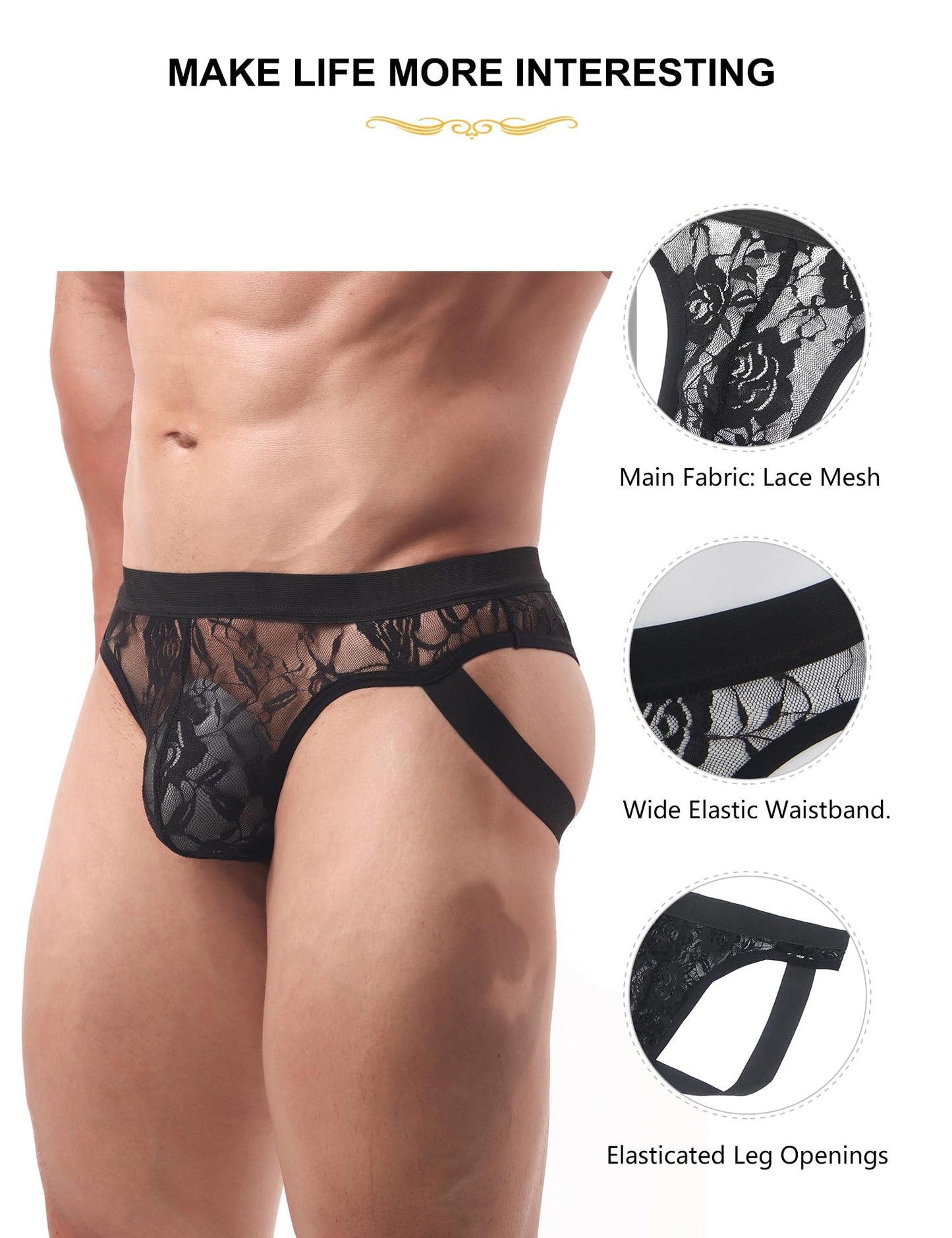 Jockstrap Männer  - Gay Unterwäsche Herren - Sexy Hinten Offen Spitze - Sissy Dessous - Schwarz
