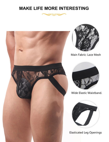 Jockstrap Männer  - Gay Unterwäsche Herren - Sexy Hinten Offen Spitze - Sissy Dessous - Schwarz