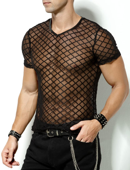 Herren Muskel Transparent Kurzarm Shirts Netz Hemd
