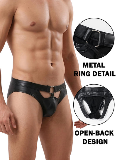 Herren Kunstleder Jockstrap G-String Tanga mit Aussparungen – Low-Rise Reizwäsche Clubwear Party Nachtwäsche Schwarz S