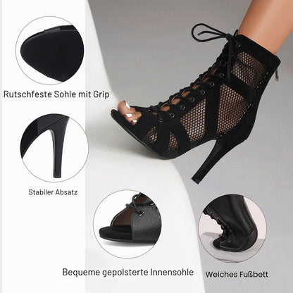 Damen Dance Heels Gladiator Sandalen Peep Toe Schnüren Zipper Burju Dance Class Schuhe Gemütlich Dress Sandalen Stiletto Wildleder Black Size 39