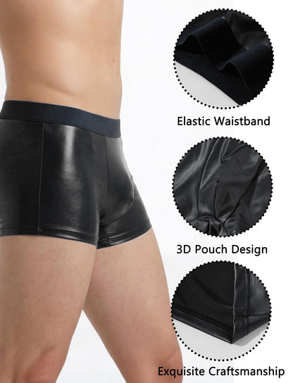 Herren PU-Leder Unterwäsche Reizwäsche Boxer Brief Shorts, Unterwäsche Trunks Bikini Mid-Rise Schwarz L