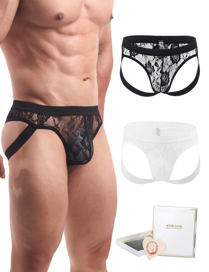 Jockstrap Männer - Gay Unterwäsche - Herren Sexy-  Hinten Offen Spitze  - Sissy - Mesh Unterhosen2 Pack