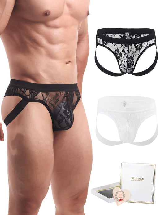 Jockstrap Männer - Gay Unterwäsche - Herren Sexy-  Hinten Offen Spitze  - Sissy - Mesh Unterhosen2 Pack