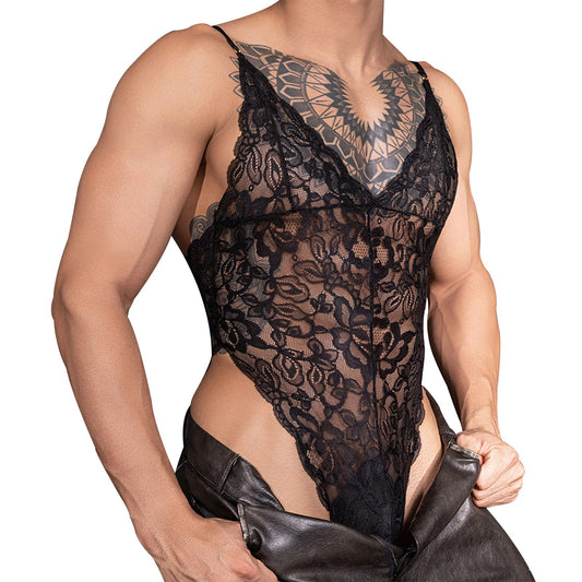 Reizwäsche Herren Spitze String Bodysuit transparent Sissy Dessous Stringbody mit verstellbaren Trägern V-Ausschnitt, erotische Nachtwäsche für Männer