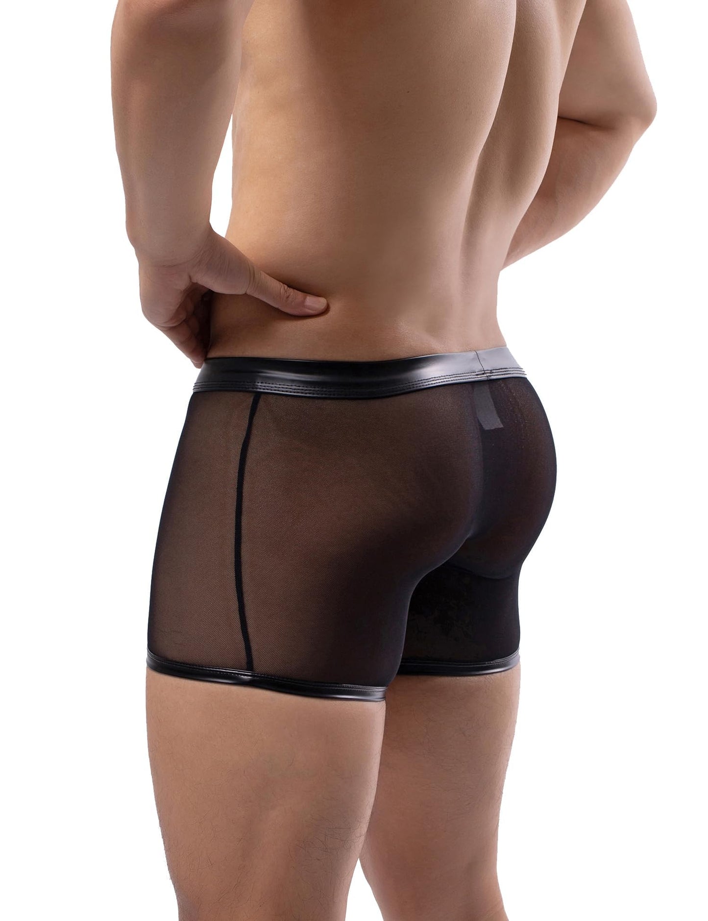 Herren Sexy Mesh Boxer Kurze Sehen Durch Faux Leder Herren Boxershorts Clubwear Knopf Abnehmbare Tasche Unterwäsche (DE/NL/SE/PL, Alphanumerisch, XXL, Regular, Regular, Short-Black Hollow)