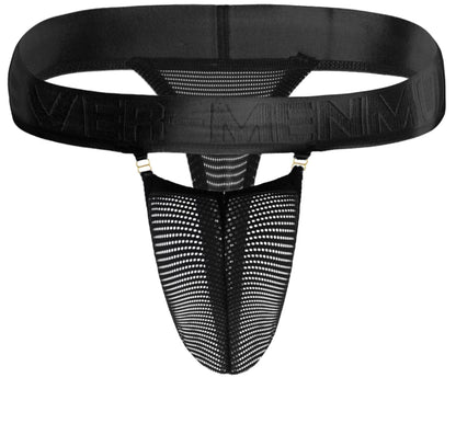 Herren-Netz-Tanga, durchsichtig, sexy Herren-Unterwäsche, G-String, hohl, Höschen, breiter Bund, Metallschnalle, Dekor, Schwarz, X-Large