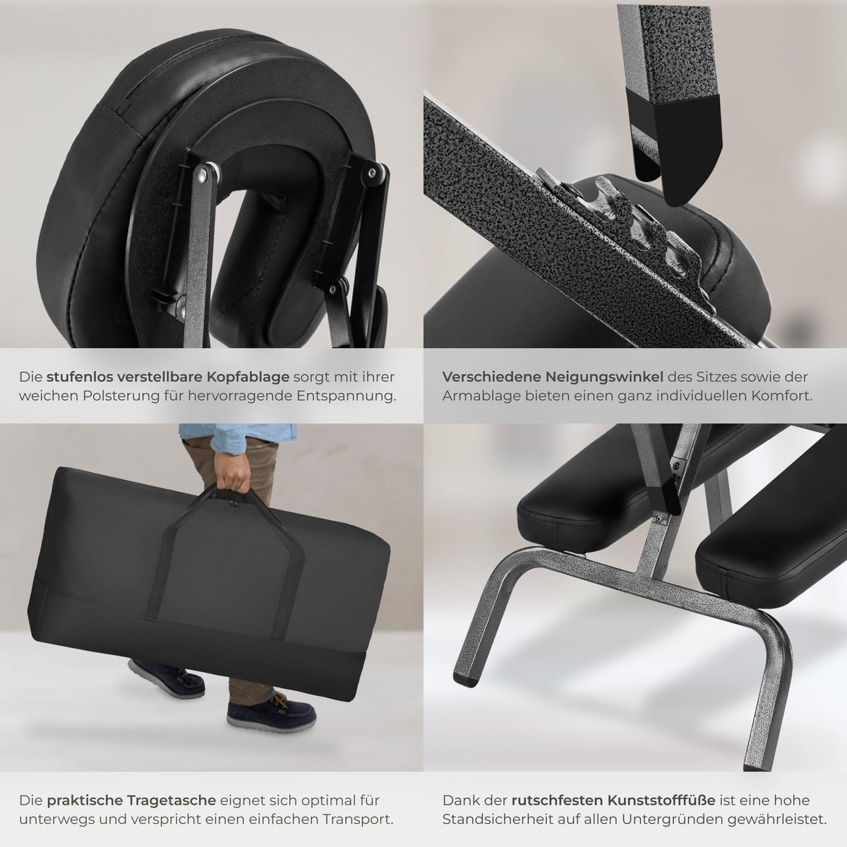 Massagestuhl klappbar, ergonomischer Hocker ohne Armlehne, Mobile Portable Behandlungsliege zusammenklappbar, Massage Stuhl mit Zubehör Tragetasche - schwarz