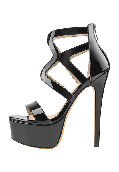 Damen Riemchensandalen Plateau Stiletto Absatz Sommerschuhe Schwarz Lack High Heels 38 EU