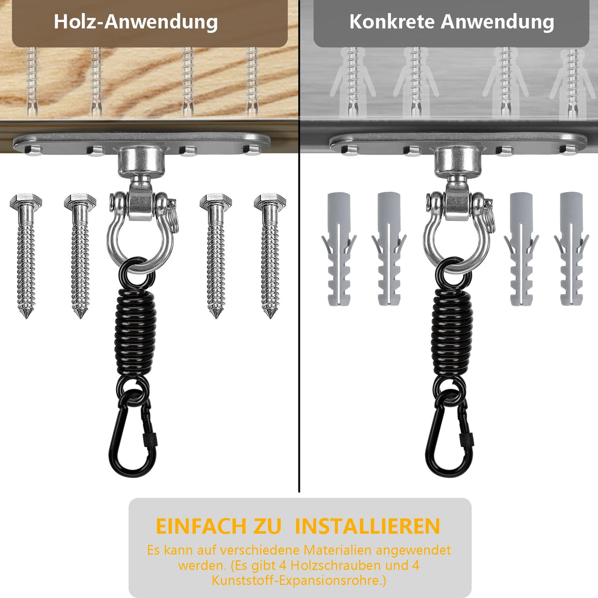 Deckenhaken Hängesessel Schwingfeder, 360° drehbar mit Lager Schwerlast Edelstahl Schaukelhaken Aufhängung Hängesessel für Hängematten Spielgeräte Sandsäcke Yoga Holzbalken und Betondecken