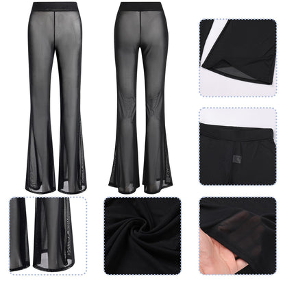 Odizli Festival Outfit Damen Rave Techno Sexy Durchsichtiges Transparent Mesh High Waist Schlaghose Lang Weite Hose Y2K Glitzer Pailletten Gothic Frauen Teenager Mädchen Party Clubwear Schwarz-B S