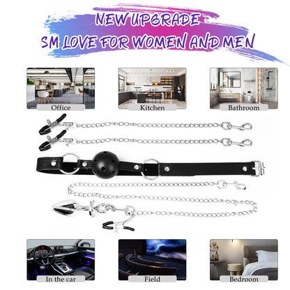 Ballknebel Bondage-Set mit Ketten Nippelklemmen Klitoris Clip Analplug BDSM