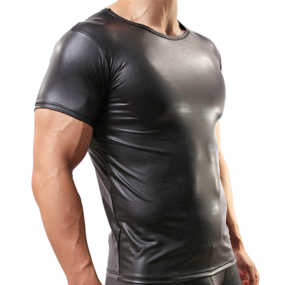 Herren Sexy T-Shirt,Lackleder Kurzarm Wetlook Top Unterhemd Fitness Latex Shirts Tank Top Slim Fit(L)